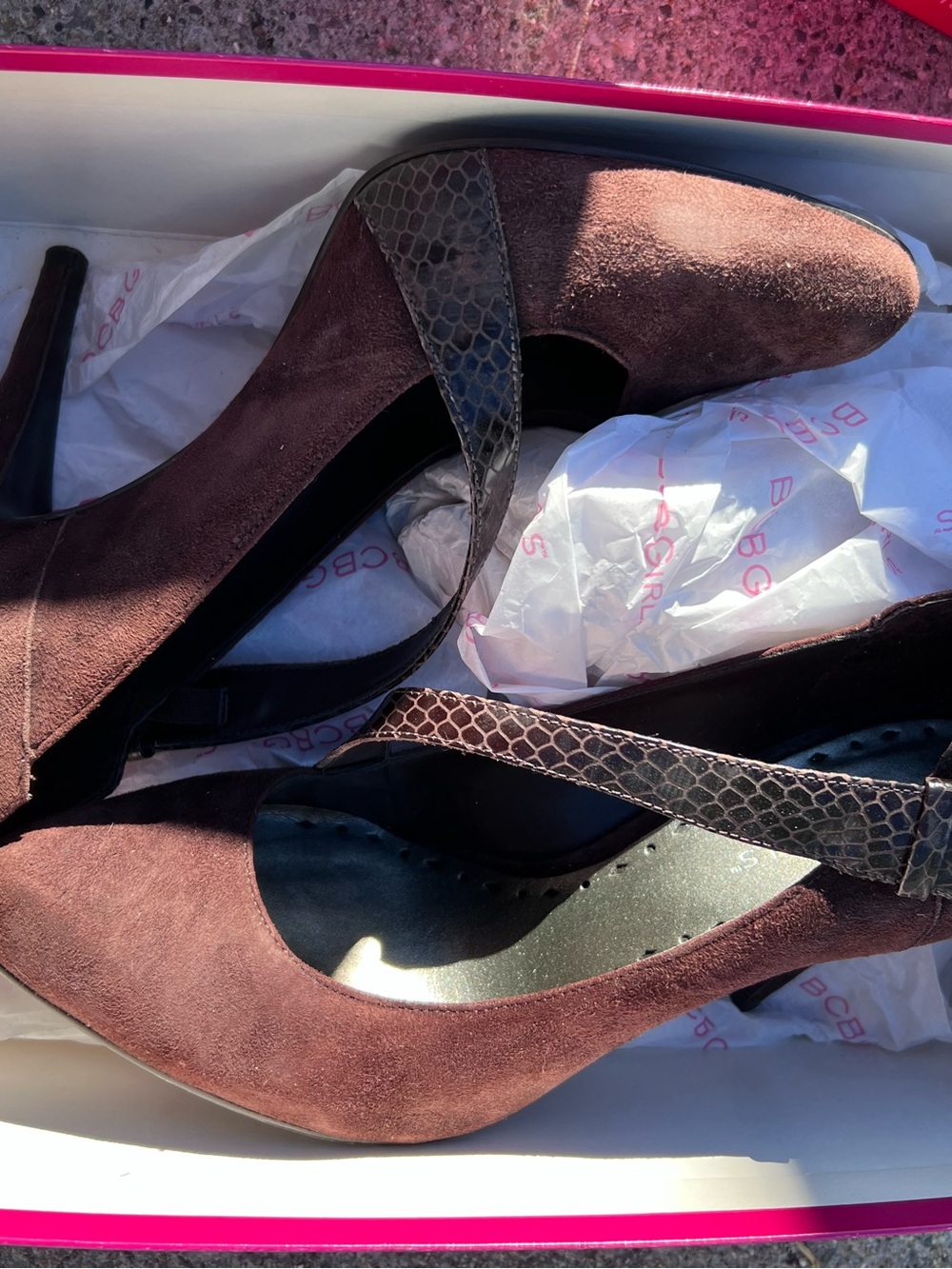 Suede Pointed-Toe Heels with Snake-Print Strap in Brown